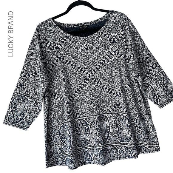Lucky Brand Tops - LUCKY BRAND | NWOT NAVY & WHITE COTTON PAISLEY TUNIC 3/4 LENGTH SLEEVES | 1X